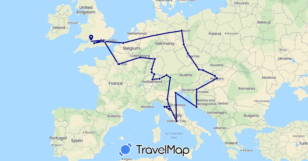 TravelMap itinerary: driving in Austria, Belgium, Switzerland, Czech Republic, Germany, France, United Kingdom, Croatia, Hungary, Italy, Liechtenstein, Luxembourg, Slovakia (Europe)